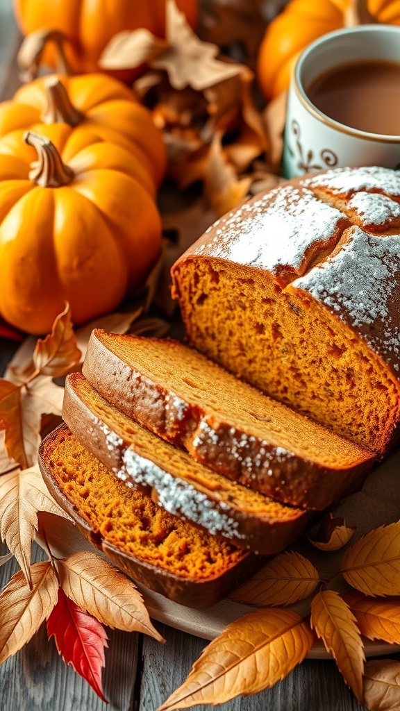 Moist Pumpkin Bread Recipe A loaf of pumpkin bread sliced, showcasing its moist texture, with autumn decorations in the background.